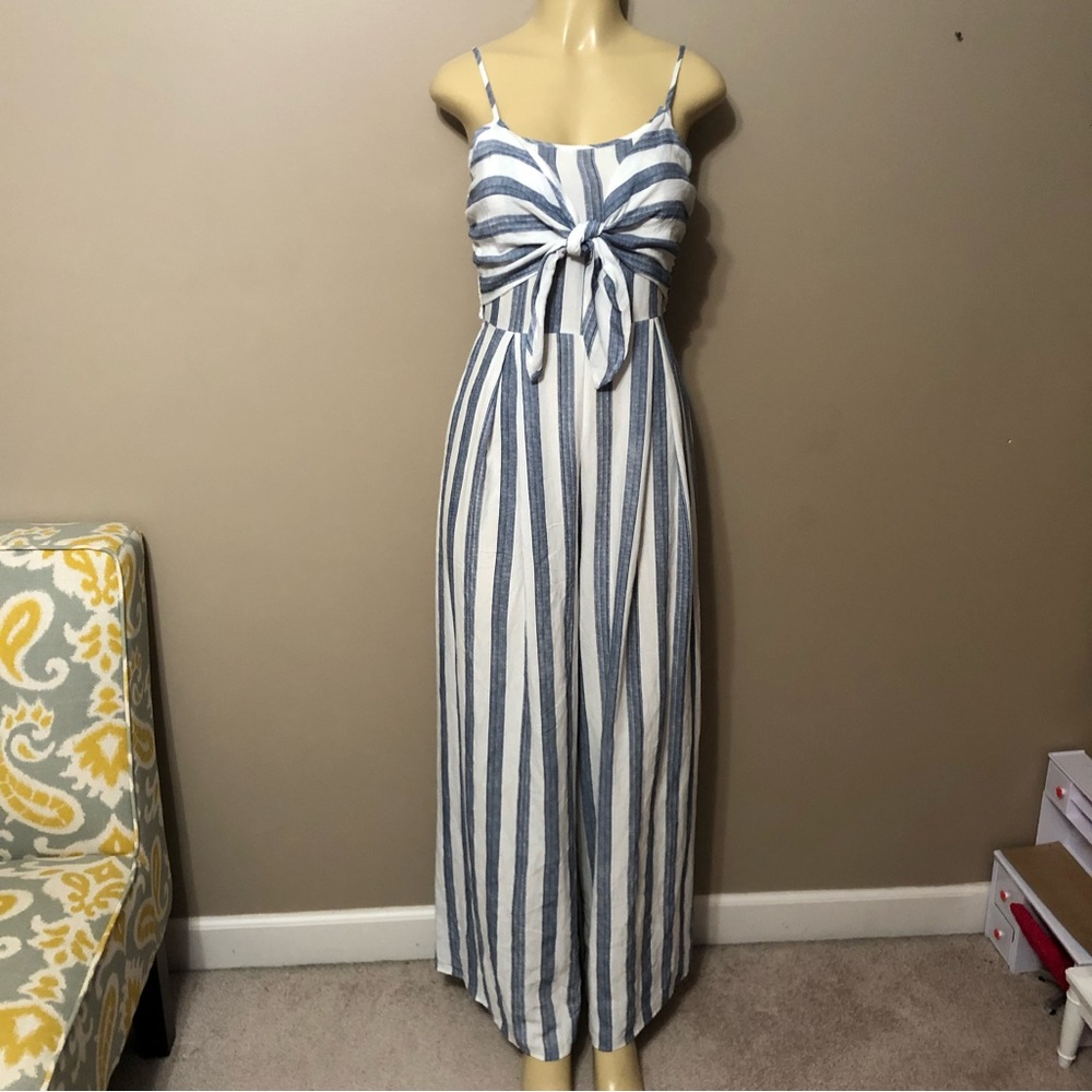 Flying Tomato striped blue/white wide leg jumpsuit women’s size small